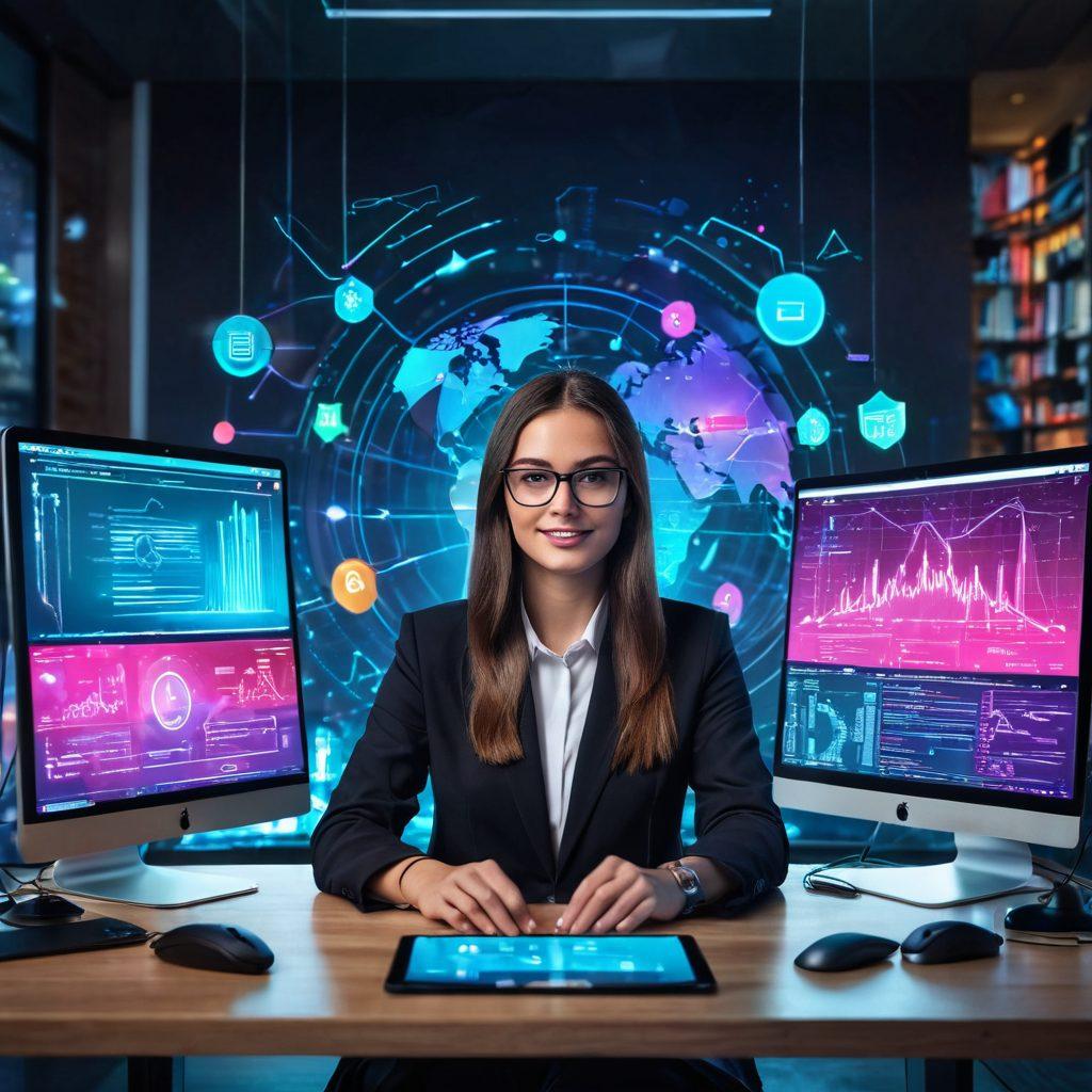 A confident individual sitting at a modern workspace, surrounded by digital devices, with holographic graphs and padlocks floating around, symbolizing cyber security. The background features vibrant colors representing a dynamic digital world, while the person's expression is focused and empowered, illustrating mastery over technology. Include elements like a glowing globe and data streams to enhance the theme of a joyful digital journey. super-realistic. vibrant colors. 3D.