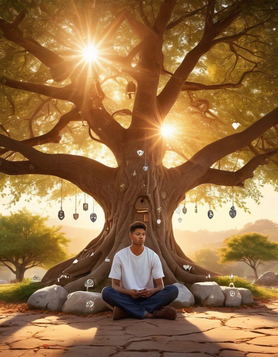 A serene landscape depicting a calm person sitting peacefully under a tree, surrounded by security symbols like locks, shields, and digital networks gently glowing around them. The background features a soft sunset, symbolizing tranquility, while light rays shine through the leaves, representing hope and safety. Emphasize soothing colors and a cozy atmosphere. super-realistic. warm colors. soft focus.